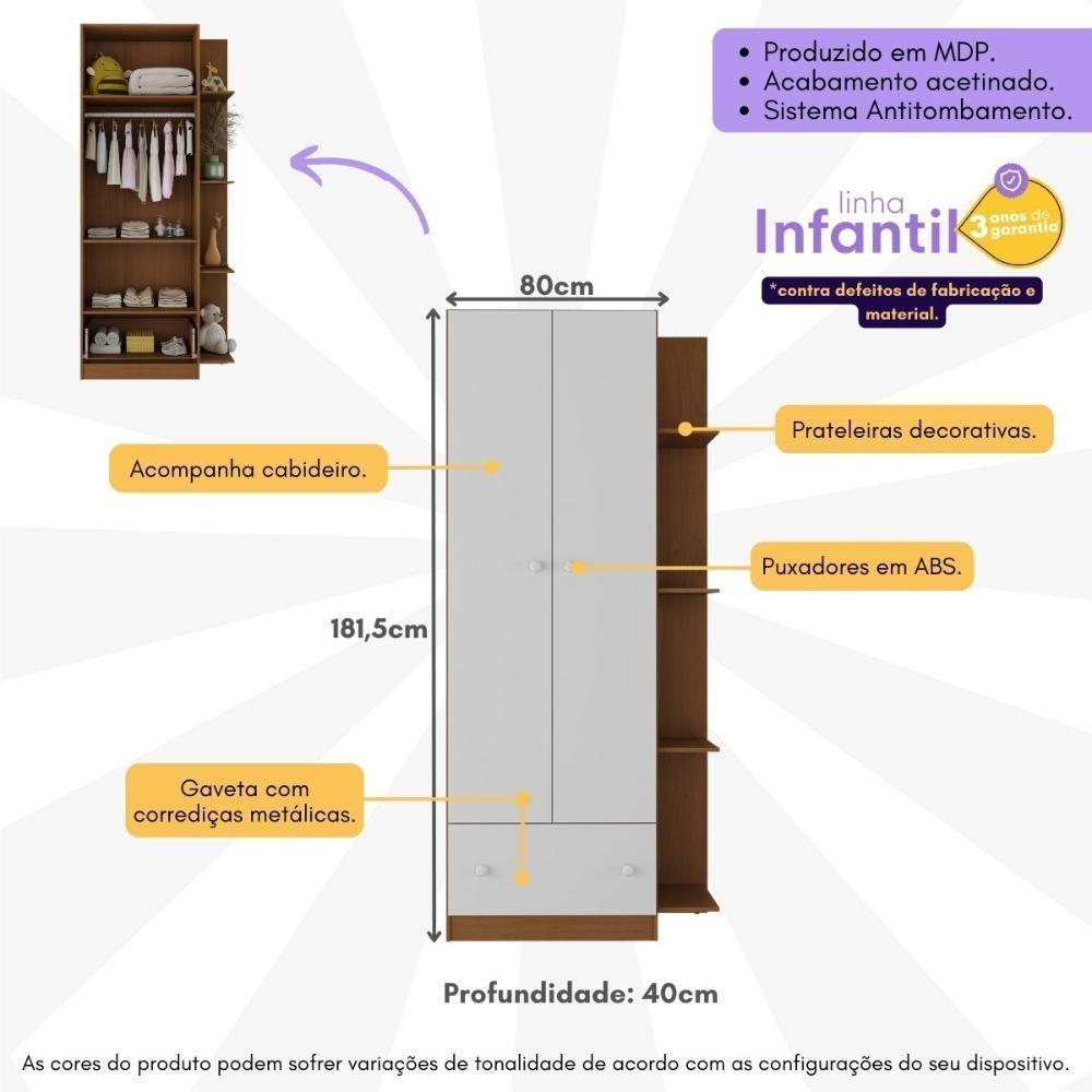 Guarda-roupas Infantil 2 Portas E 1 Gaveta Doce De Leite Multimóveis Mp4236 Madeirado/branco - 6