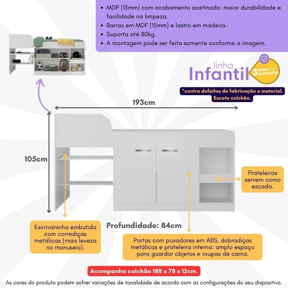 Cama Solteiro Multifuncional Com Colchão Incluso 2 Portas E Escrivaninha Multimóveis Mp4235 Branco Branco - 5