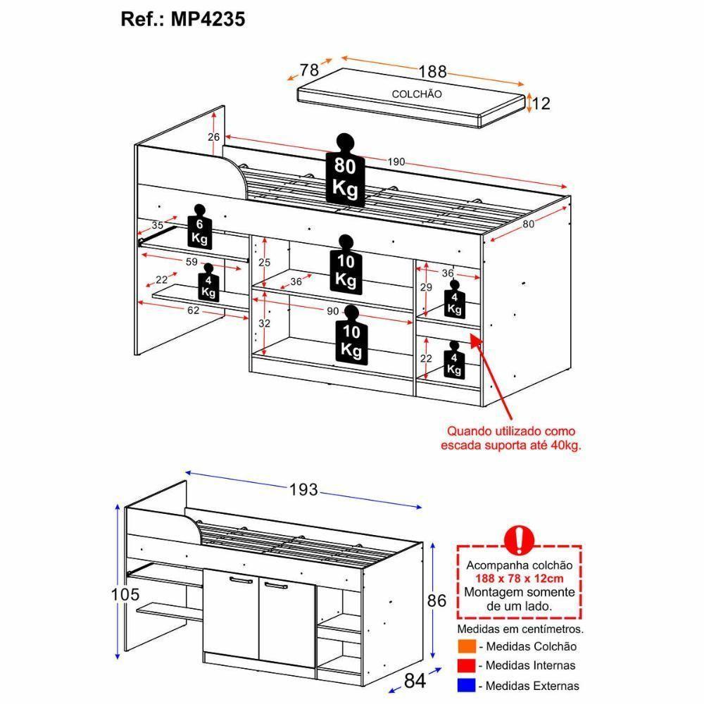 Cama Solteiro Multifuncional Com Colchão Incluso 2 Portas E Escrivaninha Multimóveis Mp4235 Branco Branco - 7