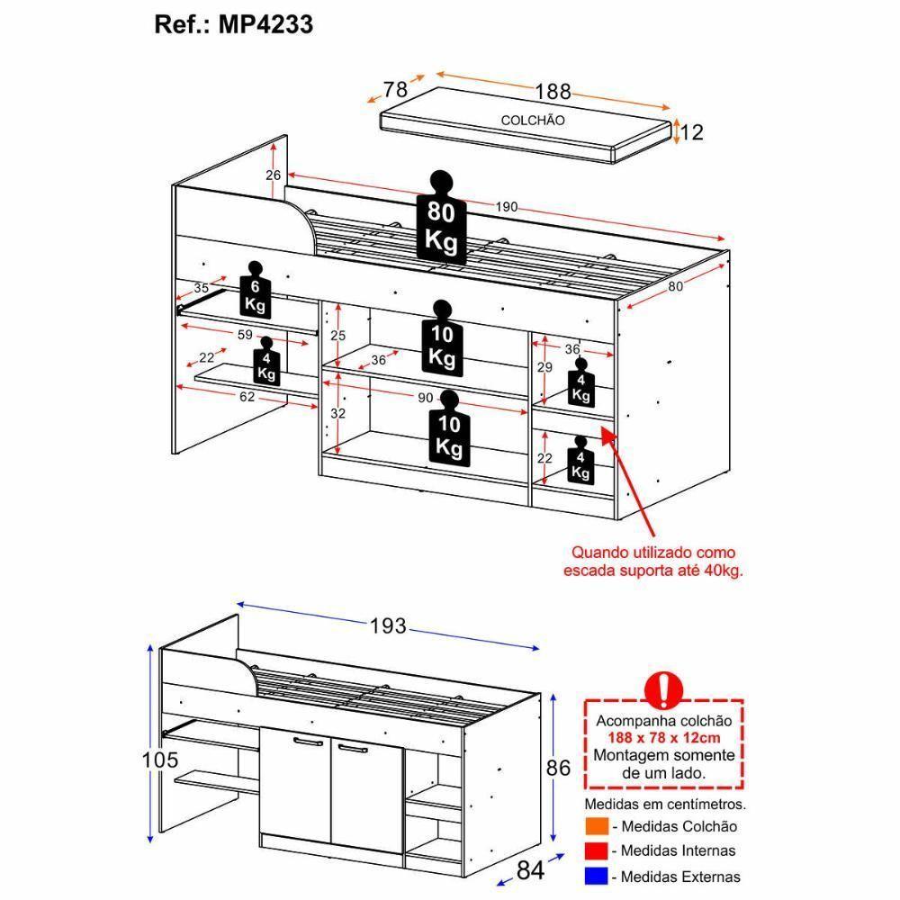 Cama Solteiro Multifuncional Com Colchão Incluso 2 Portas E Escrivaninha Multimóveis Mp4233 Branco Branco - 7