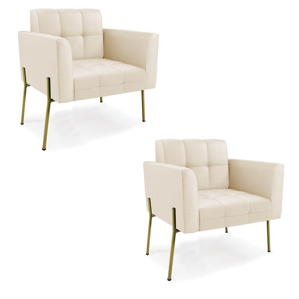 Poltrona Pé De Ferro Dourado Para Sala Kit 2 Elisa Corino D03 - D'rossi Cor Bege - 1