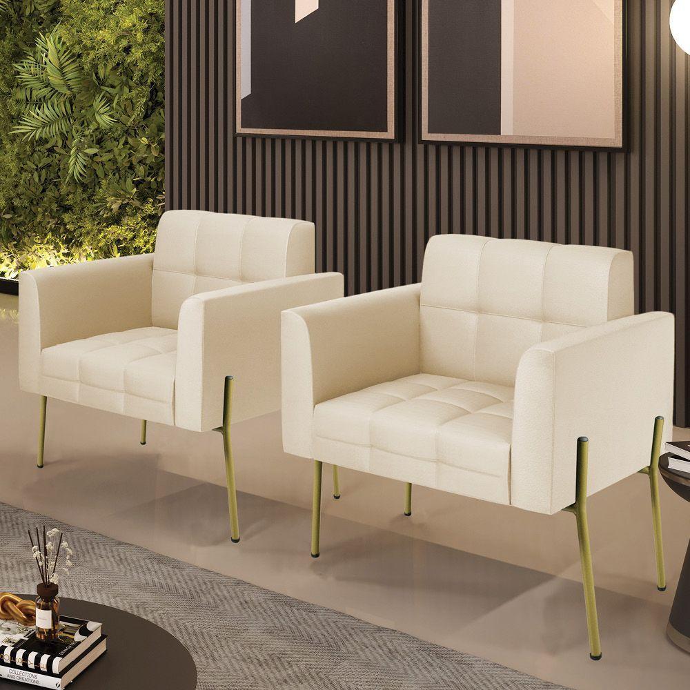 Poltrona Pé De Ferro Dourado Para Sala Kit 2 Elisa Corino D03 - D'rossi Cor Bege - 6