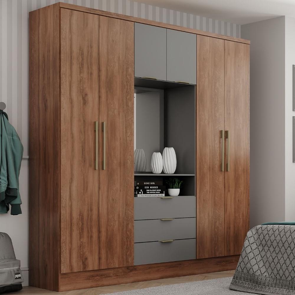 Guarda Roupa Casal Com Espelho 6 Portas Aspen Carraro Freijó C/ Titânio - 1