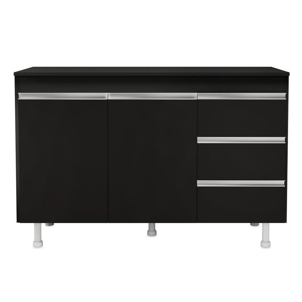 Balcão Gabinete Cozinha Lux 120cm 100% Mdf Com Tampo 02 Portas E 03 Gavetas Preto - Desk Design - 1