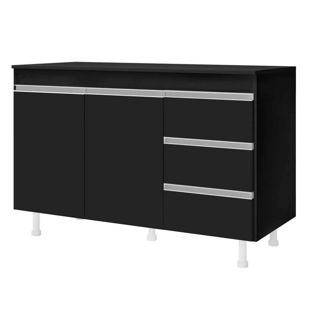Balcão Gabinete Cozinha Lux 120cm 100% Mdf Com Tampo 02 Portas E 03 Gavetas Preto - Desk Design - 2