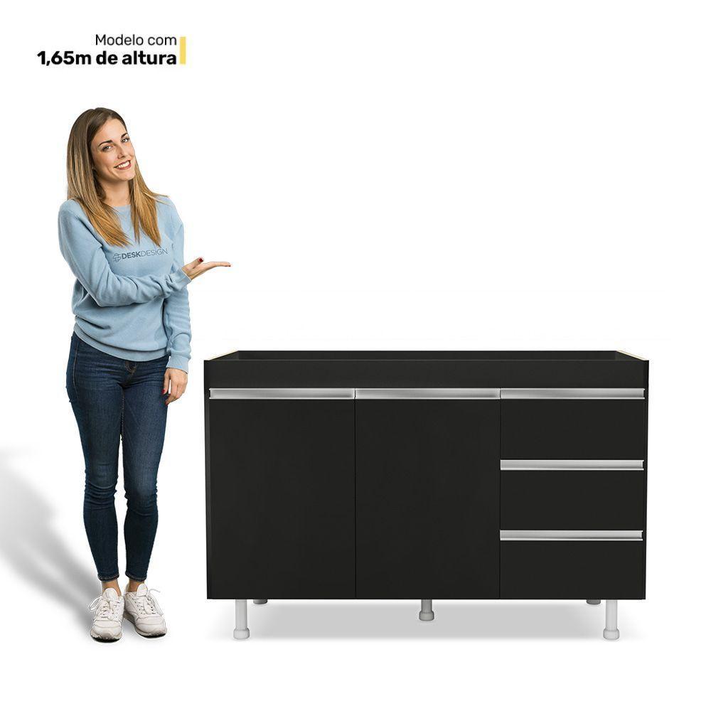 Balcão Gabinete Cozinha Lux 120cm 100% Mdf Com Tampo 02 Portas E 03 Gavetas Preto - Desk Design - 4