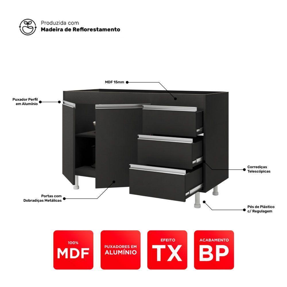 Balcão Gabinete Cozinha Lux 120cm 100% Mdf Com Tampo 02 Portas E 03 Gavetas Preto - Desk Design - 5