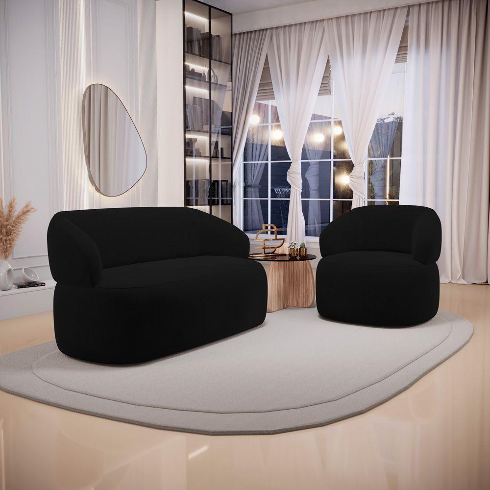 Kit Poltrona Giratória E Sofá Orgânico Living Glee 02 Lugares 140cm Veludo Preto - Desk Design - 9