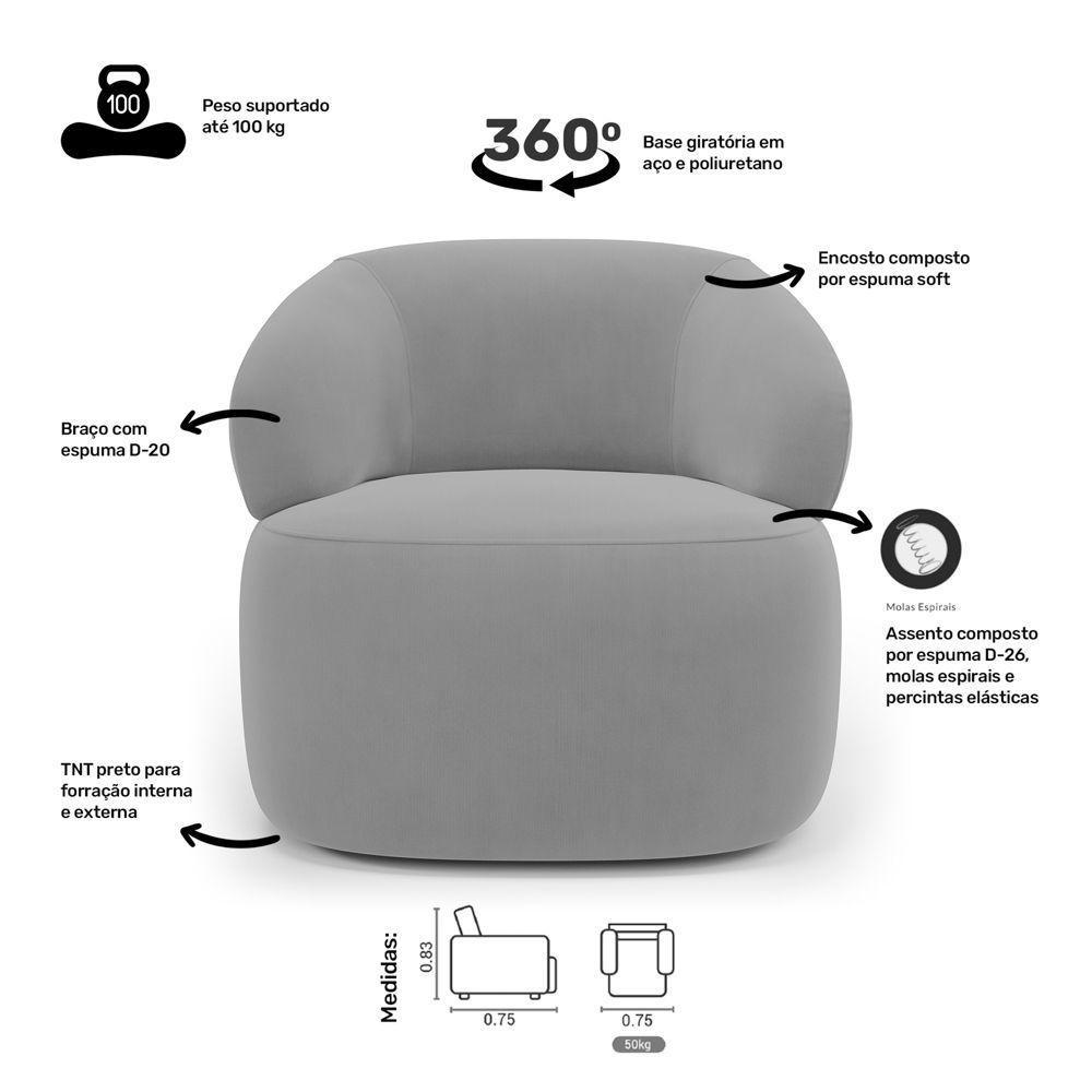 Kit Poltrona Giratória E Sofá Orgânico Living Glee 02 Lugares 140cm Veludo Cinza - Desk Design - 8