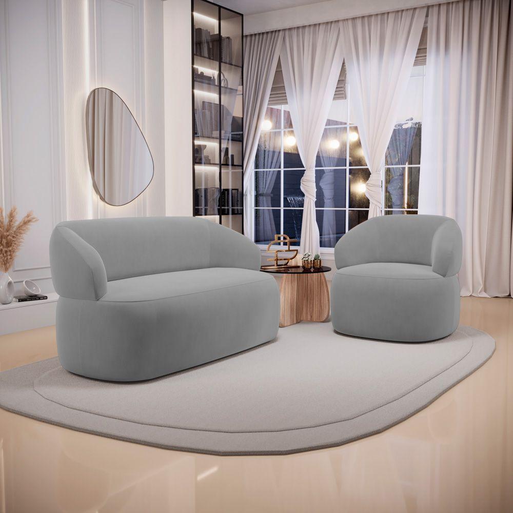 Kit Poltrona Giratória E Sofá Orgânico Living Glee 02 Lugares 140cm Veludo Cinza - Desk Design - 9