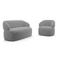 Kit Poltrona Giratória E Sofá Orgânico Living Glee 02 Lugares 140cm Veludo Cinza - Desk Design - 1