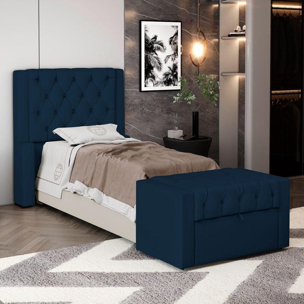 Cabeceira E Calçadeira Báu Solteiro Atena 90cm Capitonê Veludo Azul Marinho - Desk Design - 9