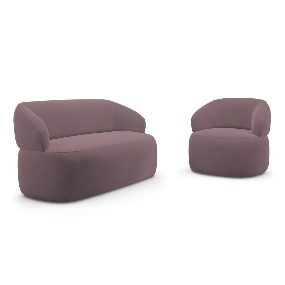 Kit Poltrona Giratória E Sofá Orgânico Living Glee 02 Lugares 140cm Veludo Rosê - Desk Design - 1