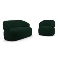 Kit Poltrona Giratória E Sofá Orgânico Living Glee 02 Lugares 140cm Veludo Verde Escuro Desk Design - 1