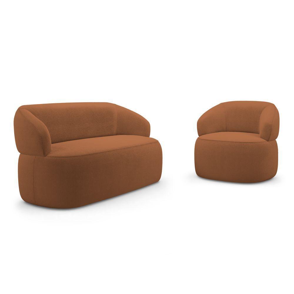 Kit Poltrona Giratória E Sofá Orgânico Living Glee 03 Lugares 170cm Bouclê Terracota - Desk Design - 1