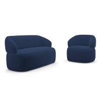 Kit Poltrona Giratória E Sofá Orgânico Living Glee 02 Lugares 140cm Veludo Azul Marinho Desk Design - 1