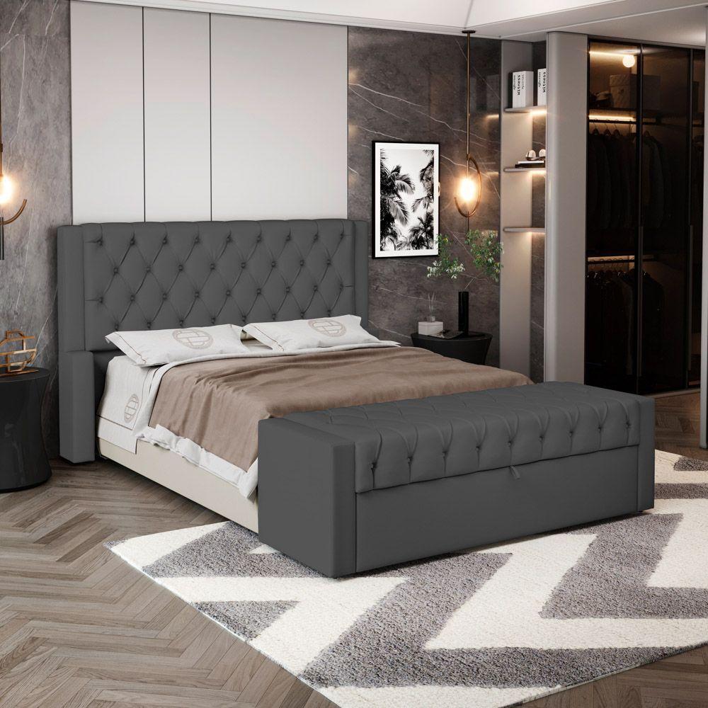 Cabeceira E Calçadeira Báu King Size Atena 195cm Capitonê Suede Cinza - Desk Design - 8