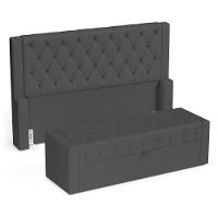 Cabeceira E Calçadeira Báu King Size Atena 195cm Capitonê Suede Cinza - Desk Design - 1