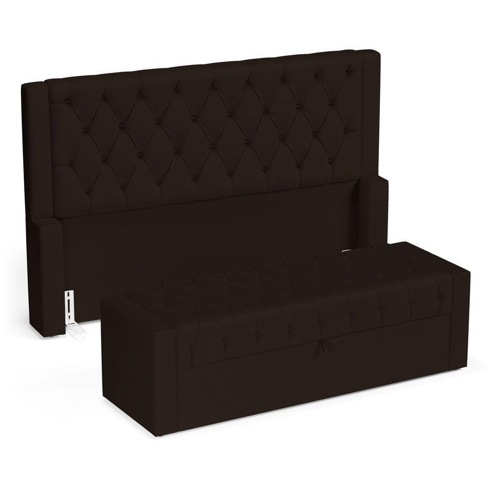 Cabeceira E Calçadeira Báu Casal Padrão Atena 140cm Capitonê Suede Marrom - Desk Design - 1