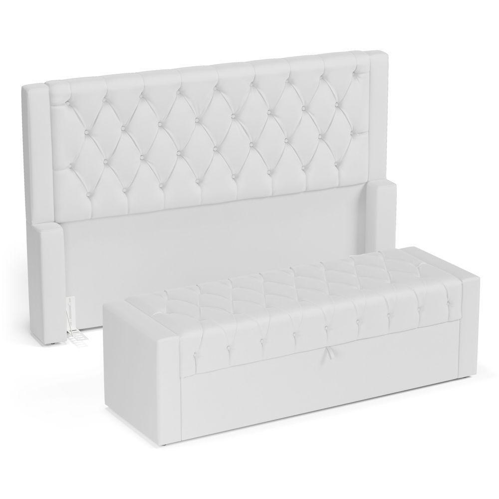 Cabeceira E Calçadeira Báu Queen Size Atena 160cm Capitonê Sintético Branco - Desk Design - 2