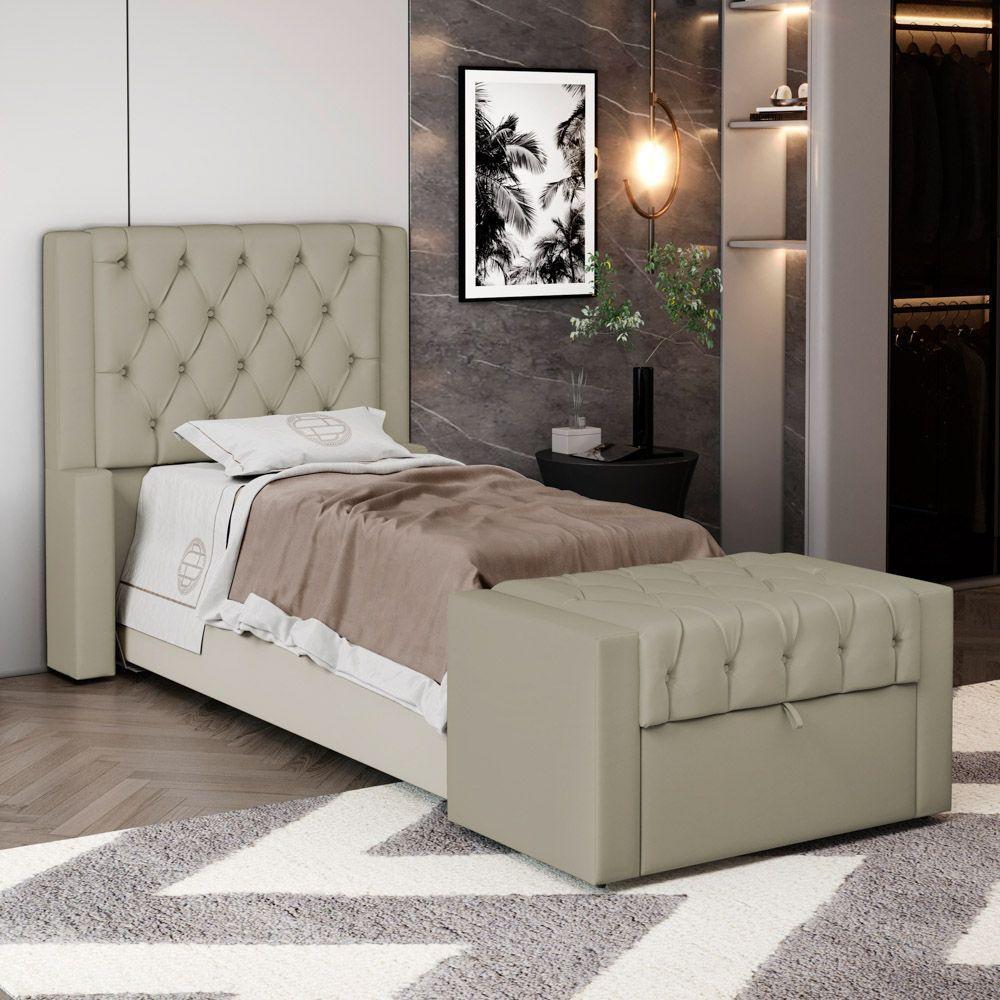 Cabeceira E Calçadeira Báu Solteiro Atena 90cm Capitonê Veludo Bege - Desk Design - 8