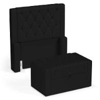 Cabeceira E Calçadeira Báu Solteiro Atena 90cm Capitonê Sintético Preto - Desk Design - 1