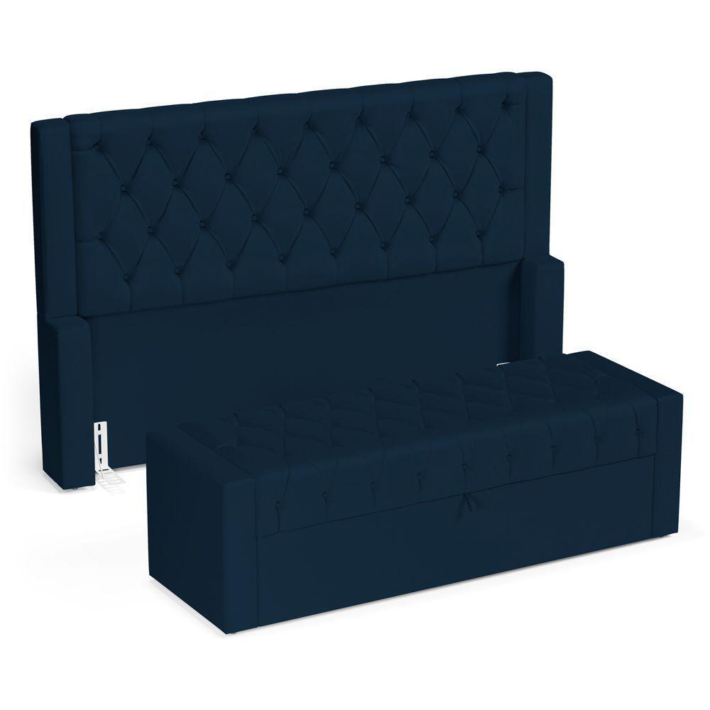 Cabeceira E Calçadeira Báu King Size Atena 195cm Capitonê Veludo Azul Marinho - Desk Design - 1