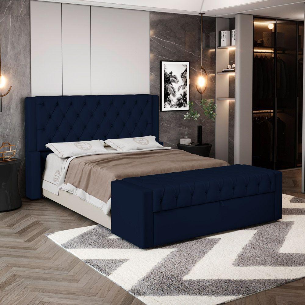 Cabeceira E Calçadeira Báu King Size Atena 195cm Capitonê Suede Azul Marinho - Desk Design - 8