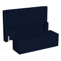 Cabeceira E Calçadeira Báu King Size Atena 195cm Capitonê Suede Azul Marinho - Desk Design - 1