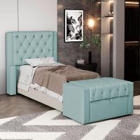 Cabeceira E Calçadeira Báu Solteiro Atena 90cm Capitonê Veludo Acqua - Desk Design - 8