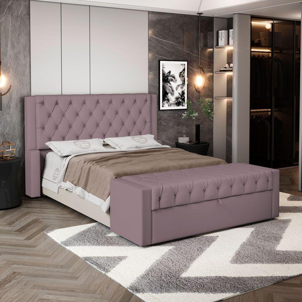 Cabeceira E Calçadeira Báu Casal Padrão Atena 140cm Capitonê Veludo Rosê - Desk Design - 8