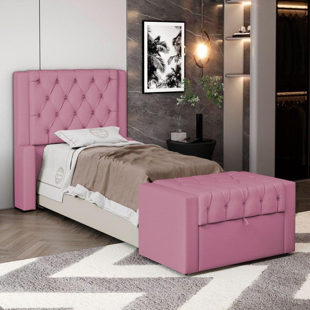 Cabeceira E Calçadeira Báu Solteiro Atena 90cm Capitonê Suede Rosa - Desk Design - 9