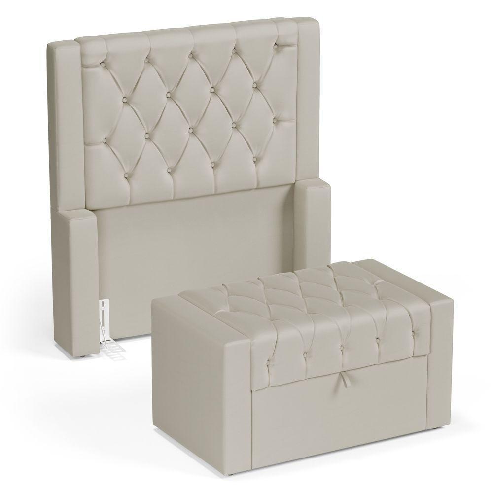 Cabeceira E Calçadeira Báu Solteiro Atena 90cm Capitonê Sintético Bege - Desk Design - 1