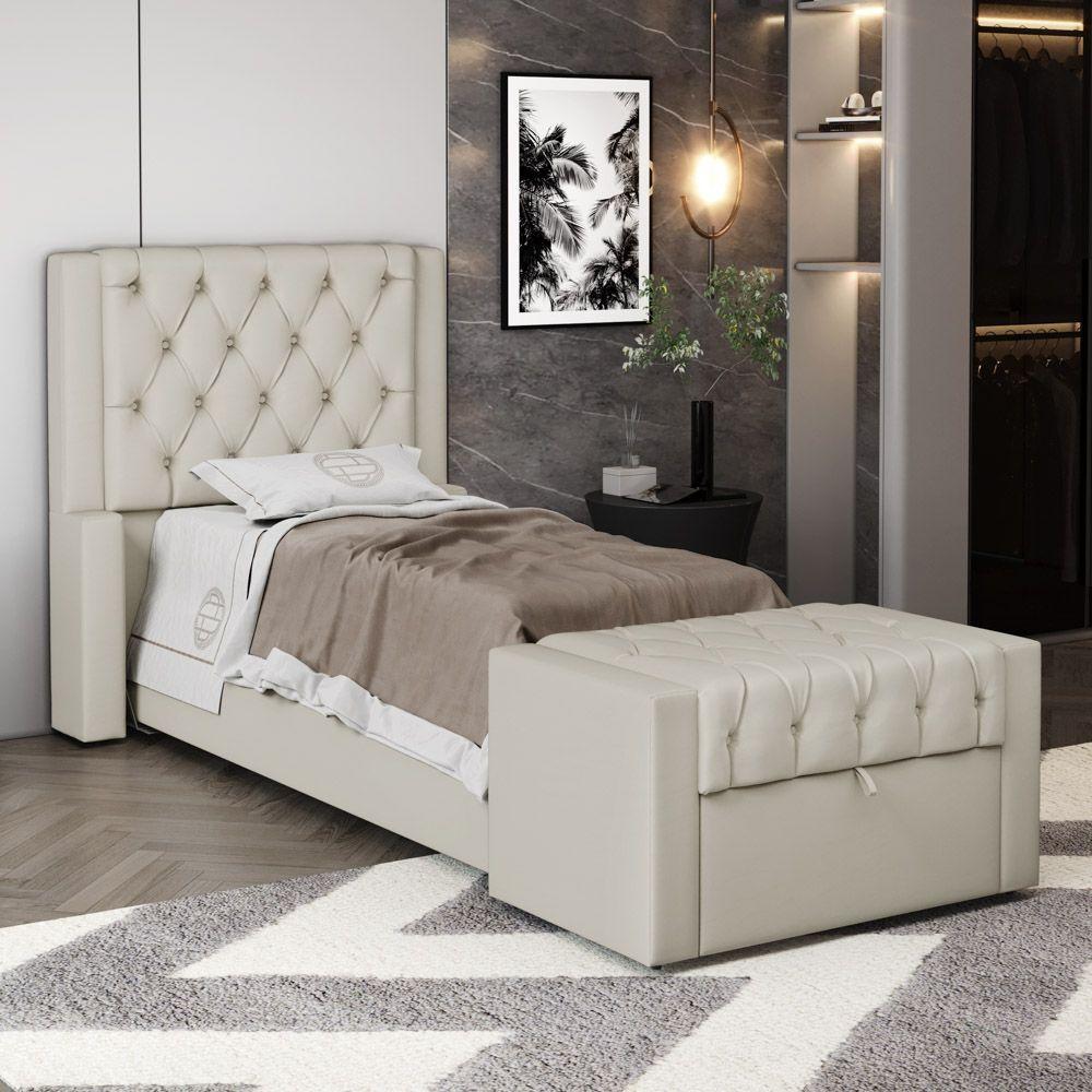 Cabeceira E Calçadeira Báu Solteiro Atena 90cm Capitonê Sintético Bege - Desk Design - 9