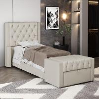 Cabeceira E Calçadeira Báu Solteiro Atena 90cm Capitonê Sintético Bege - Desk Design - 9