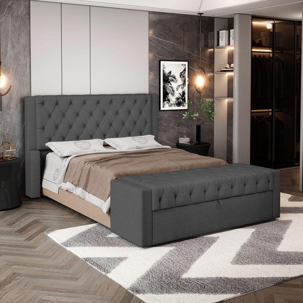 Cabeceira E Calçadeira Báu Queen Size Atena 160cm Capitonê Linho Cinza Escuro - Desk Design - 9