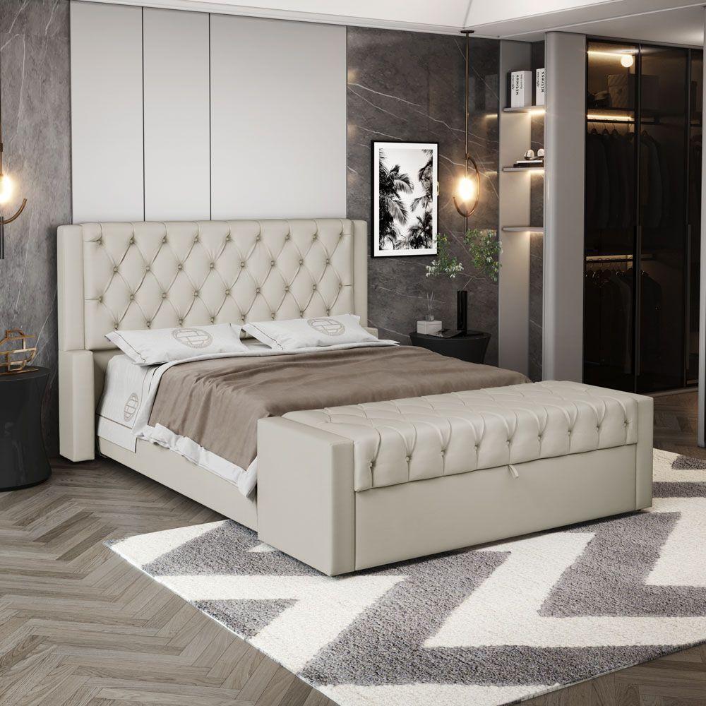 Cabeceira E Calçadeira Báu Casal Padrão Atena 140cm Capitonê Sintético Bege - Desk Design - 9