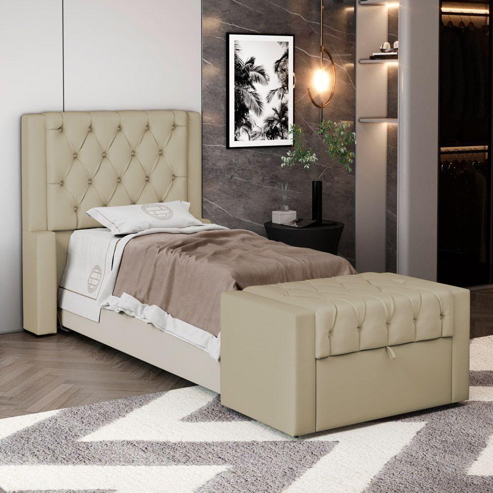 Cabeceira E Calçadeira Báu Solteiro Atena 90cm Capitonê Suede Bege - Desk Design - 9