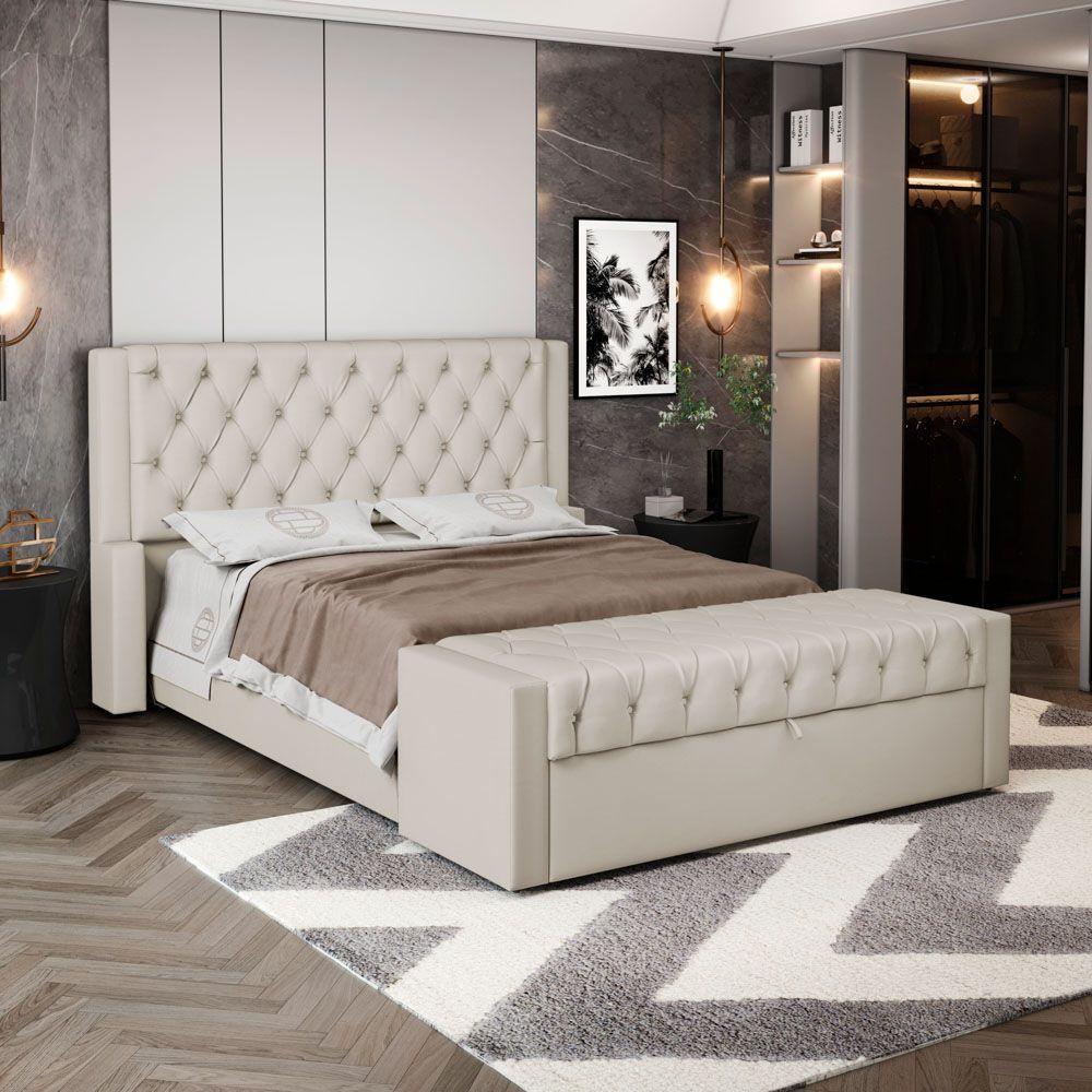 Cabeceira E Calçadeira Báu Casal Padrão Atena 140cm Capitonê Suede Bege Claro - Desk Design - 10