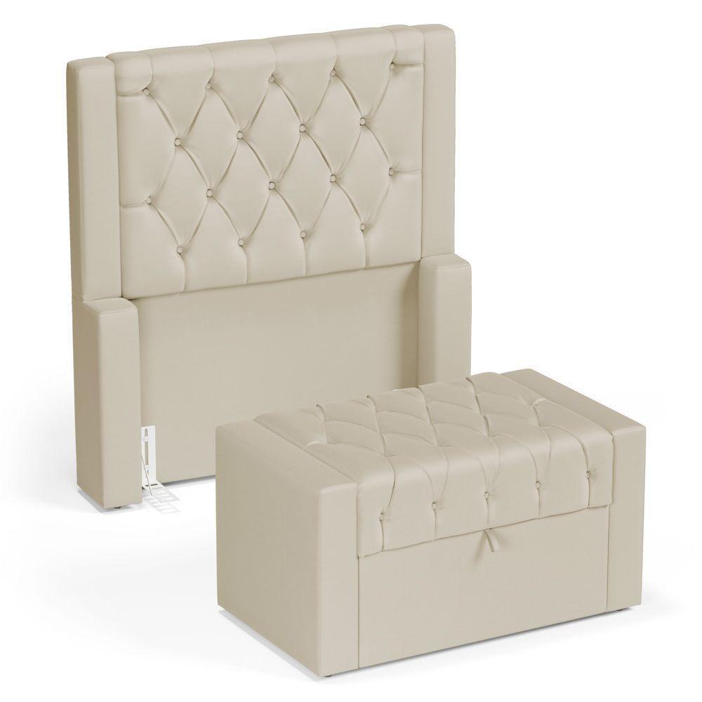 Cabeceira E Calçadeira Báu Solteiro Atena 90cm Capitonê Suede Bege Claro - Desk Design - 1