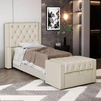 Cabeceira E Calçadeira Báu Solteiro Atena 90cm Capitonê Suede Bege Claro - Desk Design - 5