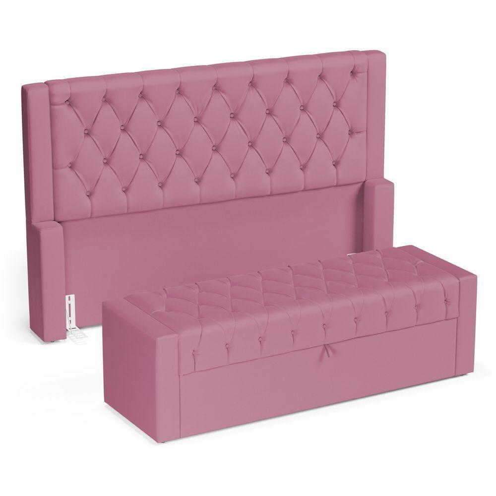 Cabeceira E Calçadeira Báu Queen Size Atena 160cm Capitonê Suede Rosa - Desk Design - 1