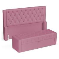 Cabeceira E Calçadeira Báu Queen Size Atena 160cm Capitonê Suede Rosa - Desk Design - 1