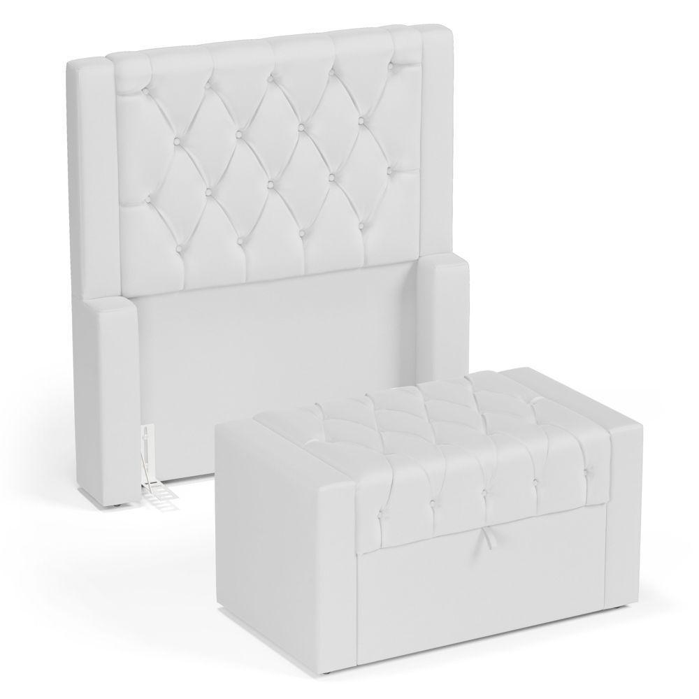 Cabeceira E Calçadeira Báu Solteiro Atena 90cm Capitonê Sintético Branco - Desk Design - 1