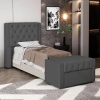 Cabeceira E Calçadeira Báu Solteiro Atena 90cm Capitonê Suede Cinza - Desk Design - 7