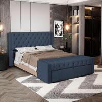 Cabeceira E Calçadeira Báu Queen Size Atena 160cm Capitonê Linho Azul - Desk Design - 8