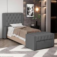 Cabeceira E Calçadeira Báu Solteiro Atena 90cm Capitonê Linho Cinza Escuro - Desk Design - 6