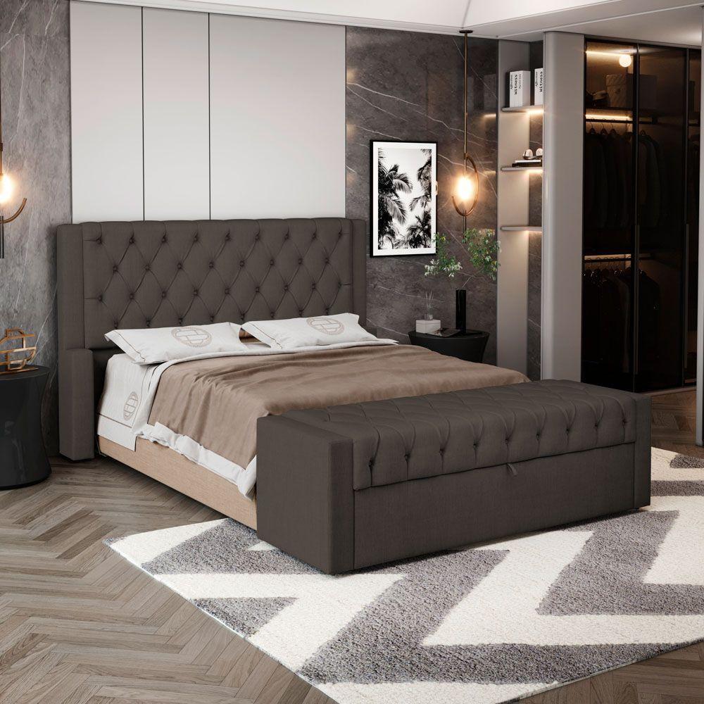 Cabeceira E Calçadeira Báu Queen Size Atena 160cm Capitonê Linho Cacau - Desk Design - 8