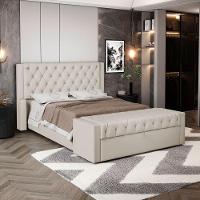 Cabeceira E Calçadeira Báu King Size Atena 195cm Capitonê Suede Bege Claro - Desk Design - 6