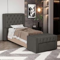 Cabeceira E Calçadeira Báu Solteiro Atena 90cm Capitonê Linho Cacau - Desk Design - 9